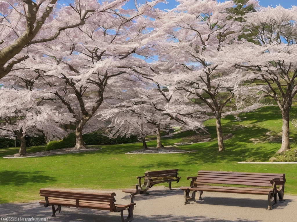 "Create a highly detailed 3D landscape of a cherry blossom tree park. The scene should be rendered in 4K definition and feature the following elements:

Cherry Blossom Trees: Include several cherry blossom trees in full bloom, with pink and white petals. Ensure the trees have realistic textures and shading.
Park Setting: Incorporate elements of a serene park, such as walking paths, benches, and a small pond or stream. The setting should evoke a peaceful, tranquil atmosphere.
Balloon-like Texture: Apply a unique balloon-like texture to the cherry blossom petals, making them appear slightly translucent and inflated, akin to the surface of a balloon. This texture should add a whimsical, playful touch to the scene.
Lighting and Shadows: Use natural lighting to enhance the realism of the scene. Include shadows cast by the trees and other elements to add depth and dimension.
Background: Integrate a background that complements the cherry blossom park, such as distant rolling hills or a clear blue sky with a few fluffy clouds.