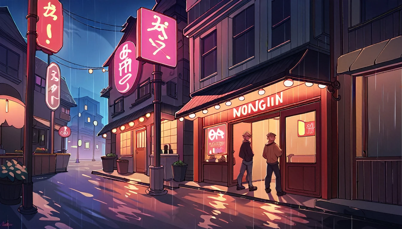 Rainy street corner、Night view、Neon signs and illuminated billboards