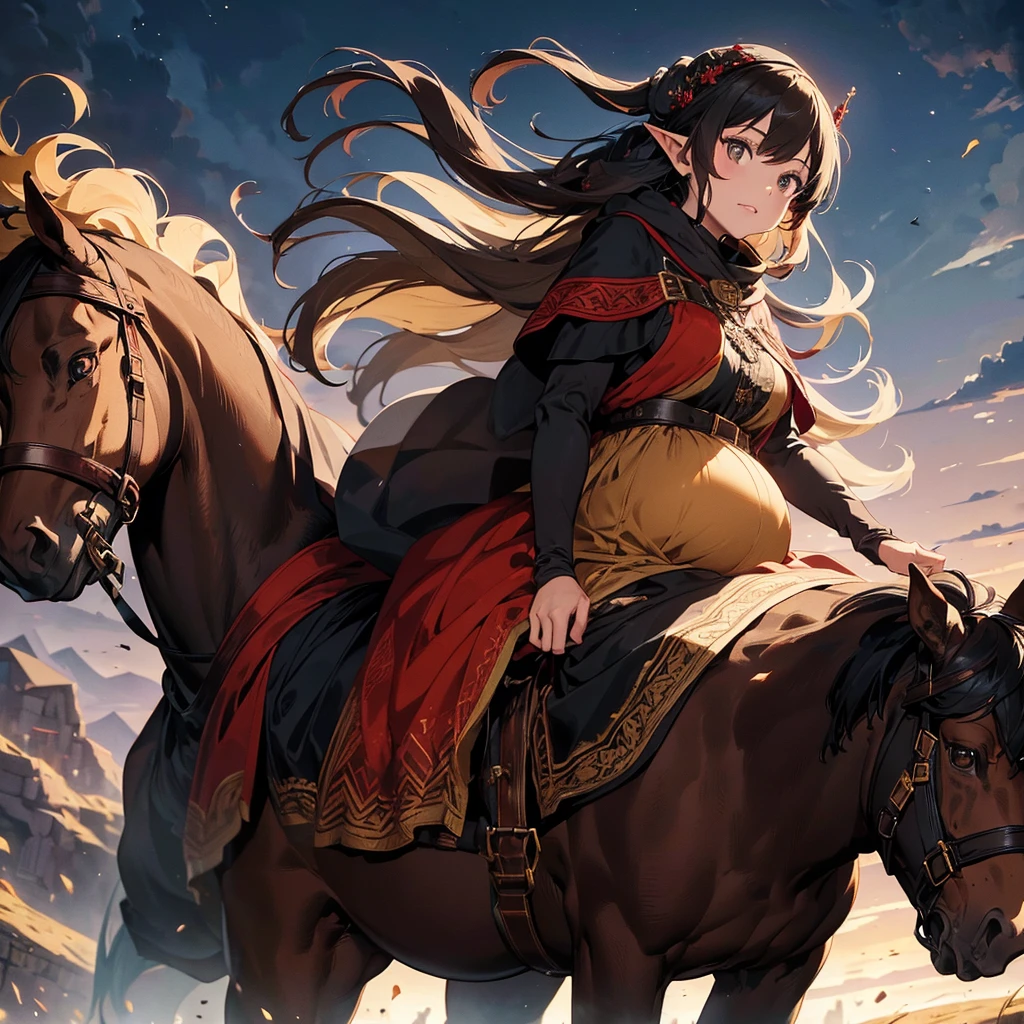 A pregnant woman riding a brown horse, wearing a black cloak with red embroidery, only her lips are visible from under the cloak, next to her is an elf man wearing a black cloak with gold embroidery, wearing a thin crown on his head, riding a black horse, the goblin army They follow him on wolves, and people watch