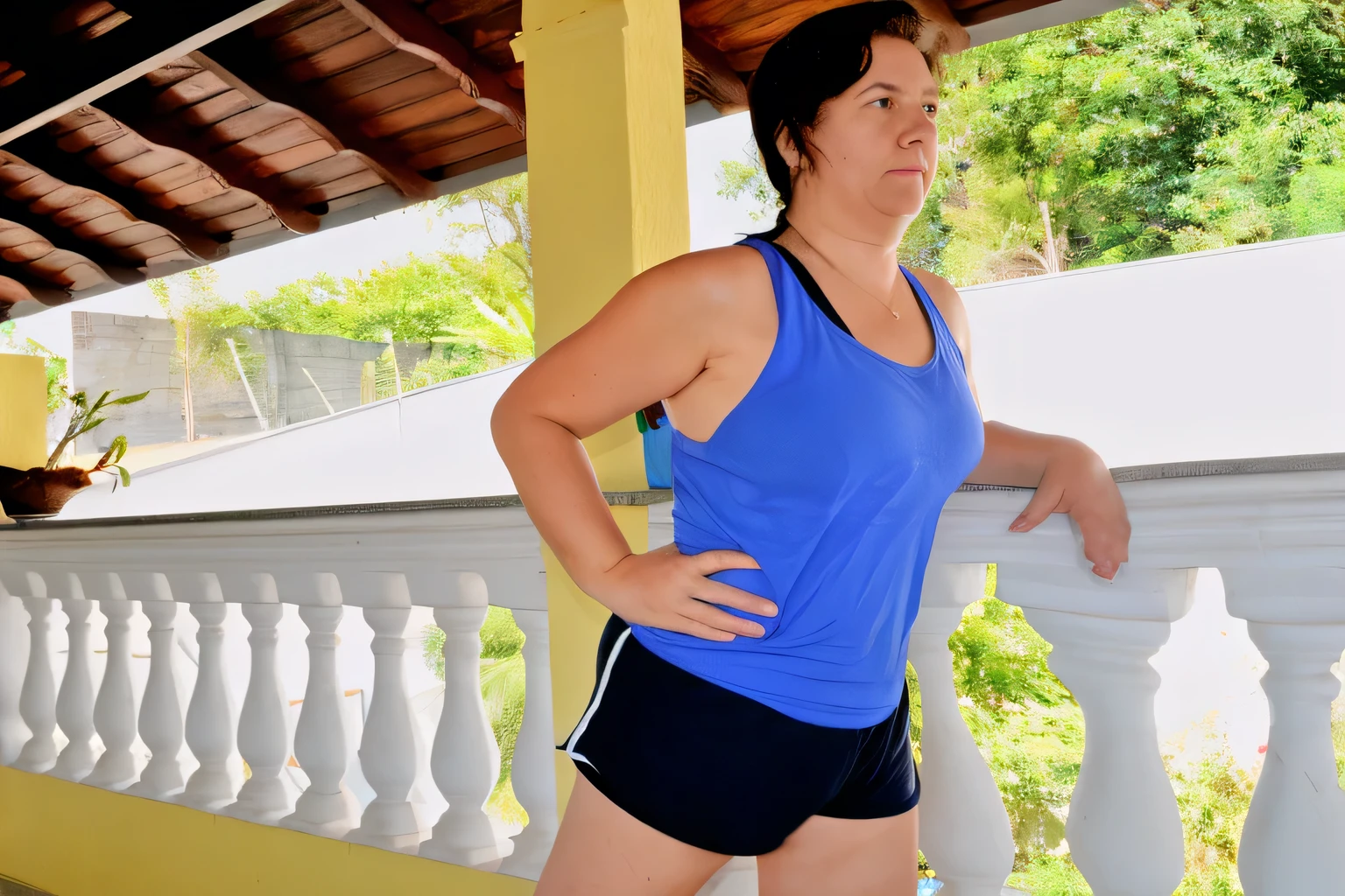 there is a woman that is standing on a balcony with her leg up, squatting down next to a pool, wearing fitness gear, short robust woman, pilar, side portrait, sport bra and dark blue shorts, by Gina Pellón, cottagecore!! fitness body, squatting pose, by Nándor Katona, side pose, karla ortiz