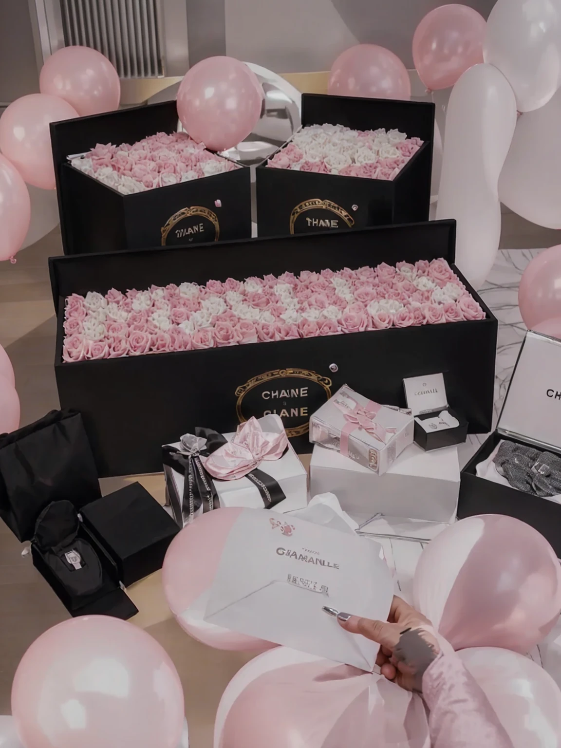 Chrome silver and black , real pink and white roses, realistic, 8k , sharpen, clarity , pink balloons , satin pink sleeve, , realistic skin , realistic hand , fur suede chair , Chanel runner
