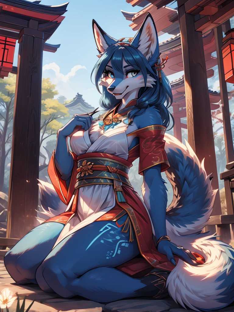 Anthro female blue fox high definition good anatomy add_detail:1, blue fur,kitsune ears, tribal tattoo add_detail:1, cute girl add_detail:1, feudal priestess clothing add_detail:1, japanese shrine landscape add_detail:1, japanese shrine costume add_detail:1, add_detail:1, full body add_detail, highly detailed face, deep aqua iris add_detail:1, wolf claws, sharp fangs add_detail:1, wild slut add_detail:1