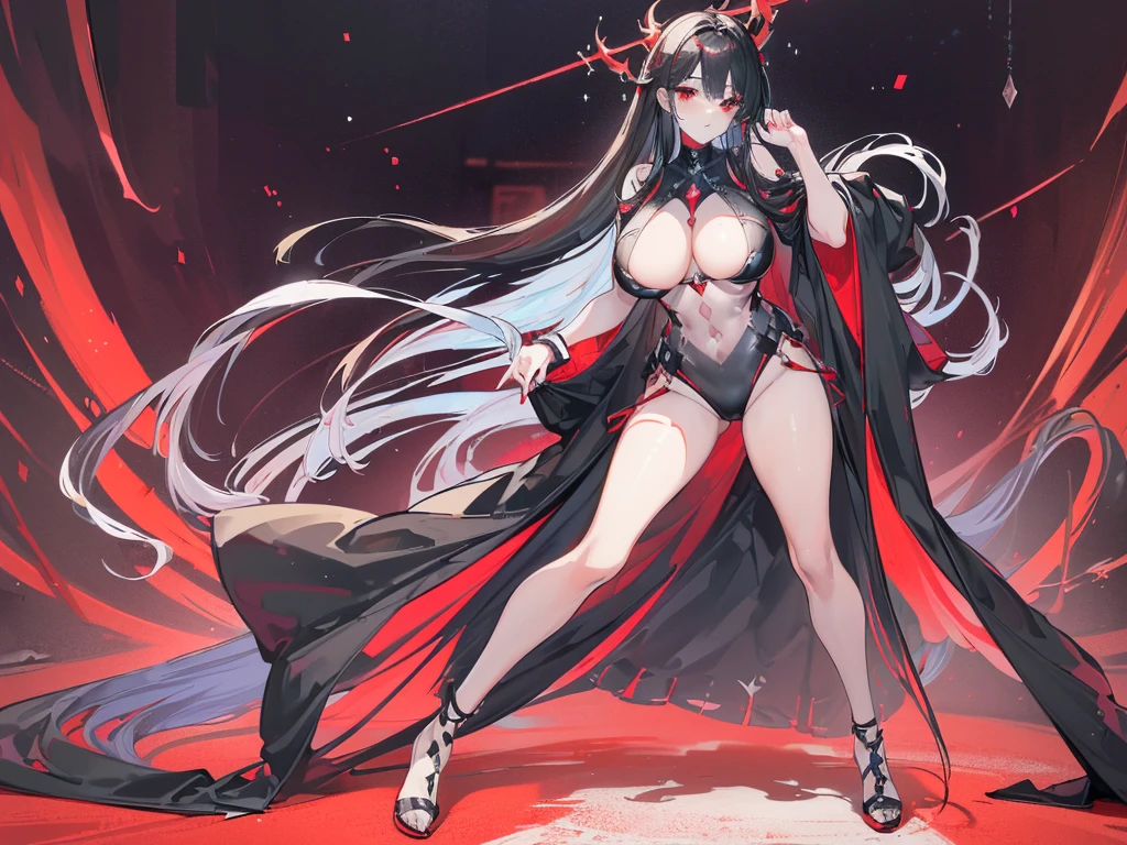 (Exquisite eyes),(Clear and beautiful eyes:1.61),masterpiece, ung girl,(Black clothes and some red gems), Black long hair, (She has a huge red gem on her chest), Good Hand,((The Havoc of StarCraft)),full-body shot,Fighting Stance,(Red Eyes:1.466),short and small,(Very big breasts:1.35),(Pretty Face),(full-body shot:1.33),Beautiful hands