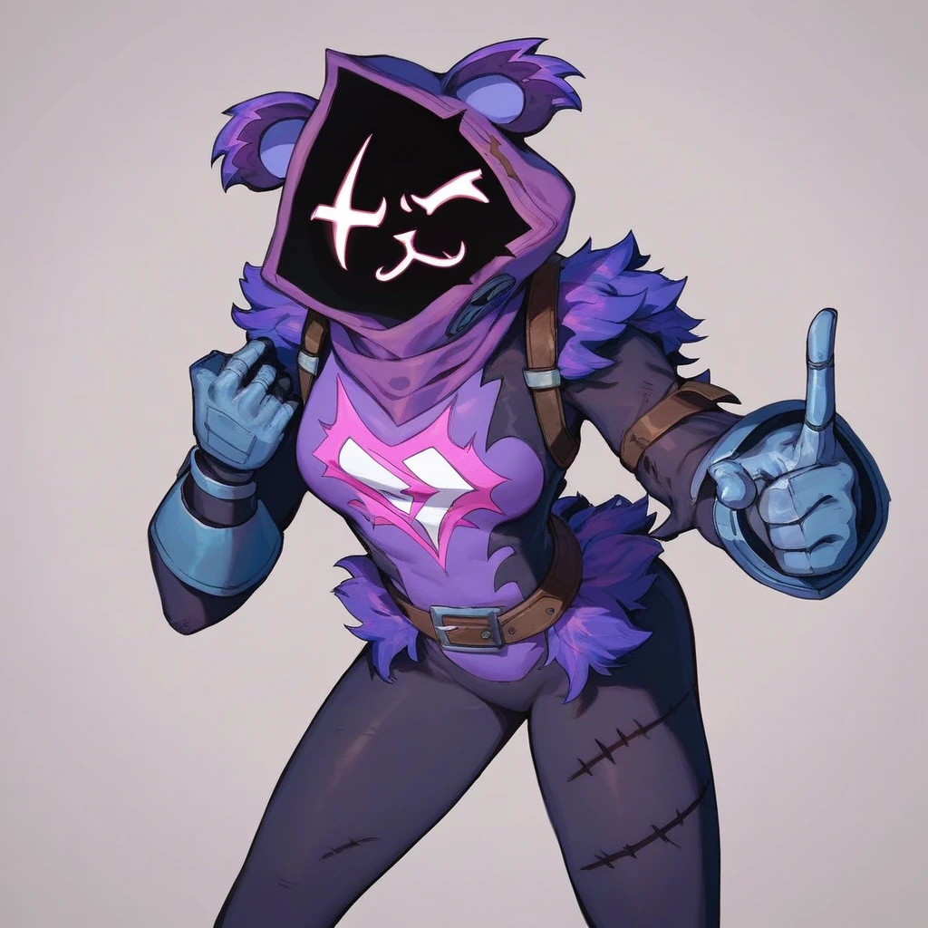 Raven team leader,purple hoodie, with no face, shadowed face, animal ears,purple skin, scar on eye, body skin, purple fur, waist belt, torso symbol, metal gloves, pointing your ass at the viewer, leaning forward, pushing, she closes her eyes, hands resting on top of a small wall, her with her eyes closed, hands are not in the air, expression of force, stomachache, stomach growling. day Of course