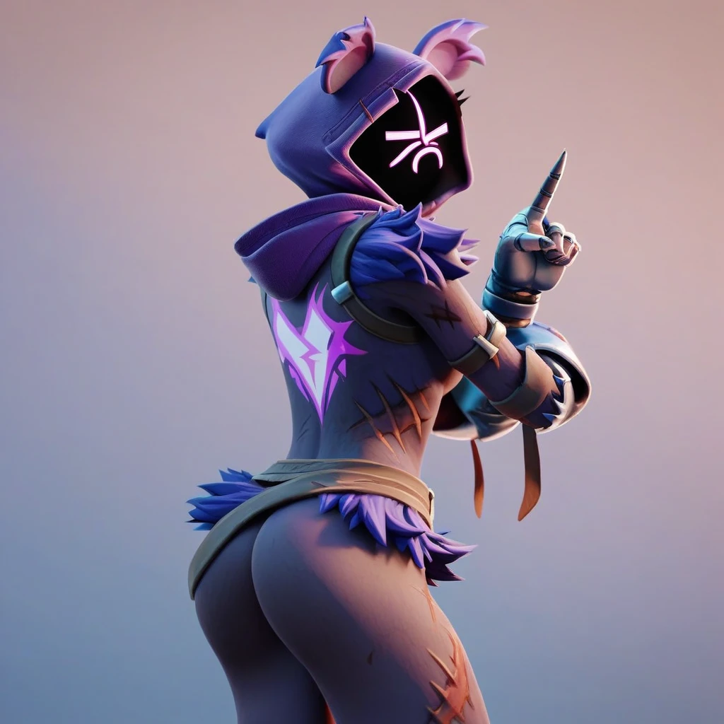 Raven team leader,purple hoodie, with no face, shadowed face, animal ears,purple skin, scar on eye, body skin, purple fur, waist belt, torso symbol, metal gloves, pointing your ass at the viewer, leaning forward, pushing, she closes her eyes, hands resting on top of a small wall, her with her eyes closed, hands are not in the air, expression of force, stomachache, stomach growling. day Of course