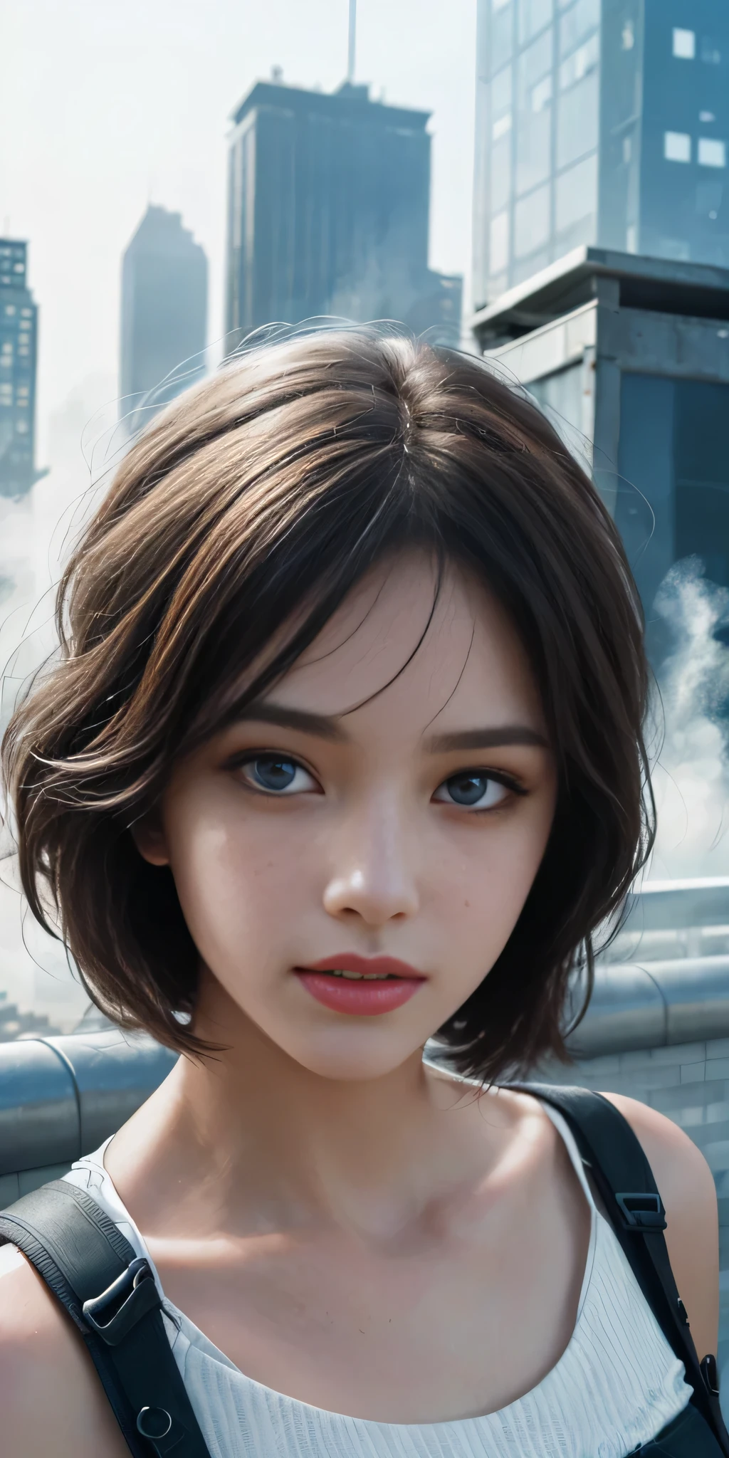 (1girl:1.3), Solo, (((Very detailed face)))), ((Very detailed eyes and face)))), Beautiful detail eyes, Body parts__, Official art, Unified 8k wallpaper, Super detailed, beautiful and beautiful, beautiful, masterpiece, best quality, original, masterpiece, super fine photo, best quality, super high resolution, realistic realism, sunlight, full body portrait, amazing beauty, dynamic pose, delicate face, vibrant eyes, (from the front), She wears a transparent plastic, very detailed city roof background, rooftop, overlooking the city, detailed face, detailed complex busy background, messy, gorgeous, milky white, highly detailed skin, realistic skin details, visible pores, clear focus, volumetric fog, 8k uhd, DSLR, high quality, film grain, fair skin, photo realism, lomography, futuristic dystopian megalopolis, translucent