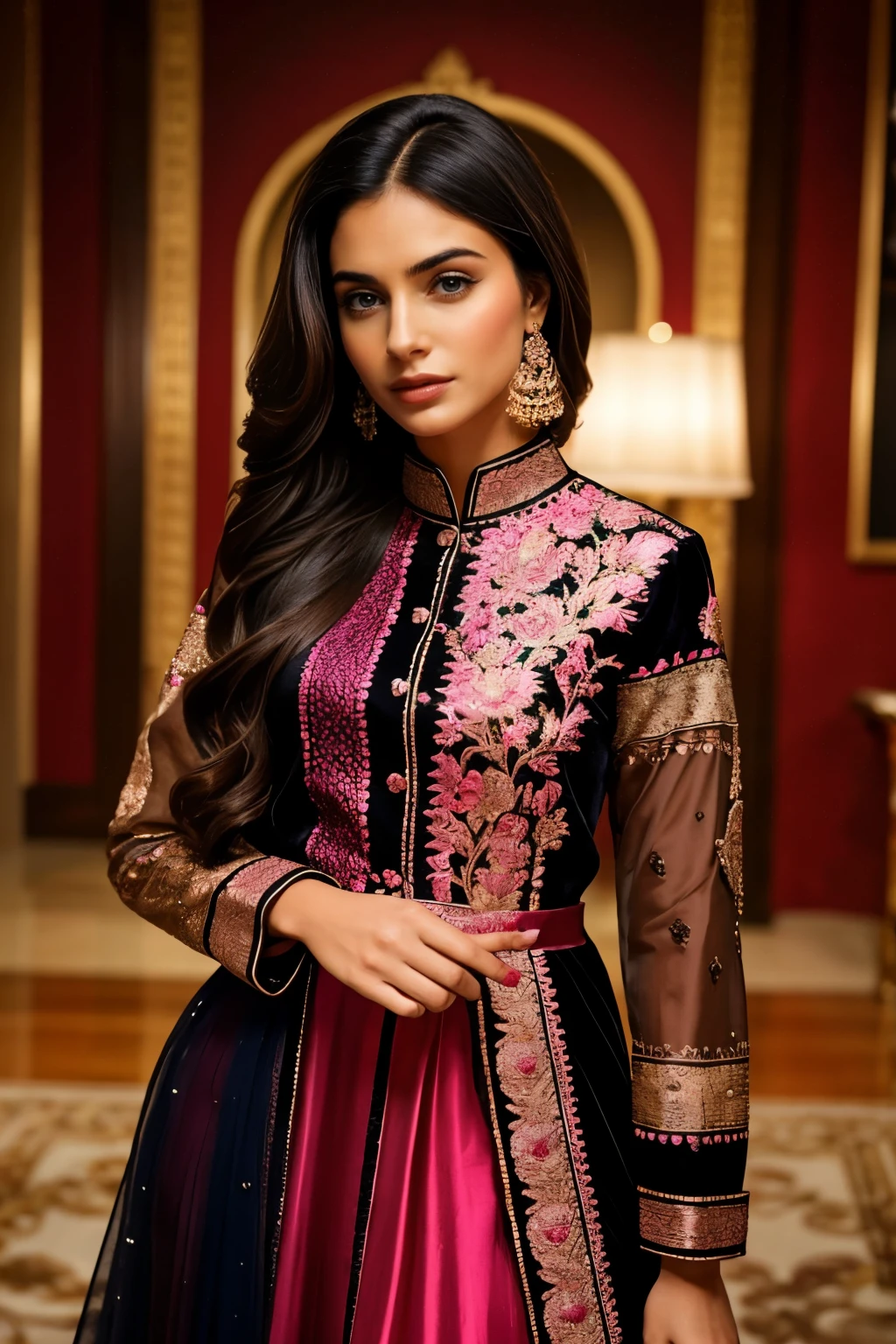 In this portrait photo, a beautiful 20-year-old female Instagram model exudes grace and elegance. She is fully dressed in a pinkblack intricate Sharara Suit, a traditional desi ensemble that showcases rich cultural heritage. The Sharara Suit features a detailed and ornate design, with exquisite embroidery and embellishments that highlight the craftsmanship.
The model is bathed in soft, flattering lighting, with a rim light that outlines her figure and a key light that illuminates her face, emphasizing her delicate features and radiant complexion. The background is light, creating a subtle contrast that allows her vibrant attire to stand out.
Her pose is poised and confident, capturing the essence of a modern yet traditional beauty. This portrait not only highlights the model's stunning appearance but also the intricate details of her attire, making it a captivating and visually appealing image suitable for social media and fashion showcases.