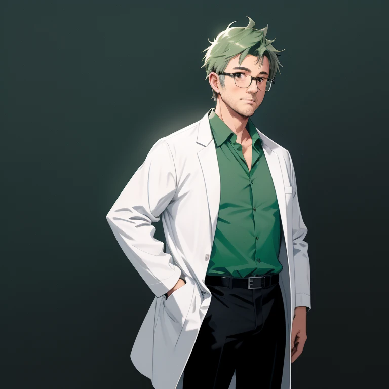 1 old man, 30 years old, white lab coat, dark green hair, blue collared shirt, black pants, glassese, full body, standing, lower arms, looking at viewer, front view, thick outline, gray background, simple background