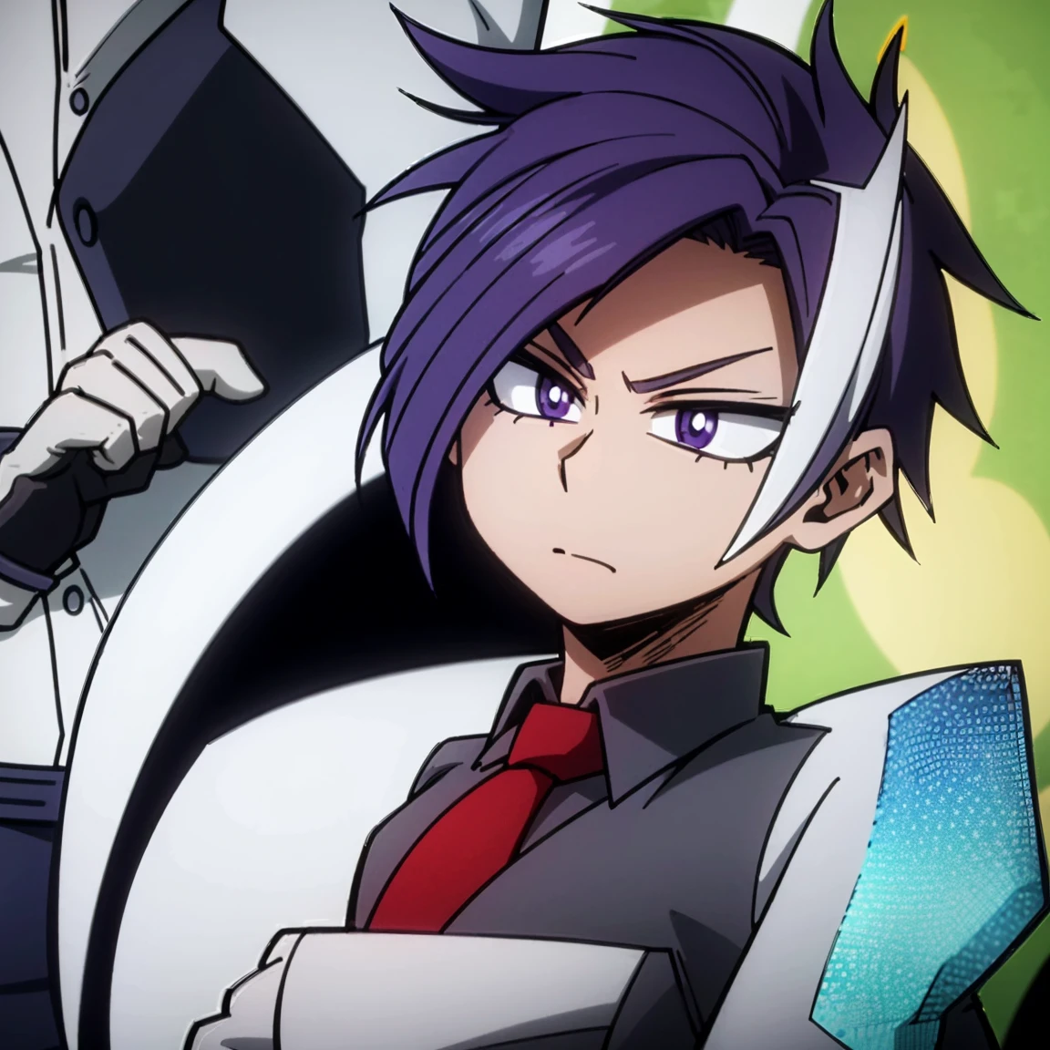 1boy, male focus, solo, muscular body, short hair, purple hair, amethyst eyes, gray jacket, red tie, white shirt, teal pants, mlparia, MHA Style, Manhwa style, anime style, perfect eyes, perfect face, model face, boy