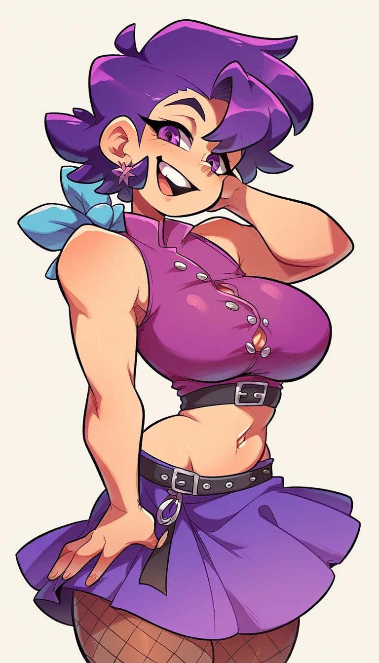 a big age girl big breast happy beautiful sexy ninja dark purple hair long hip her purple eye black eyelash big round dresses purple blouse with sleeveless buttons exposed abdomen navel and a short purple skirt pair of net socks Transparent black boot