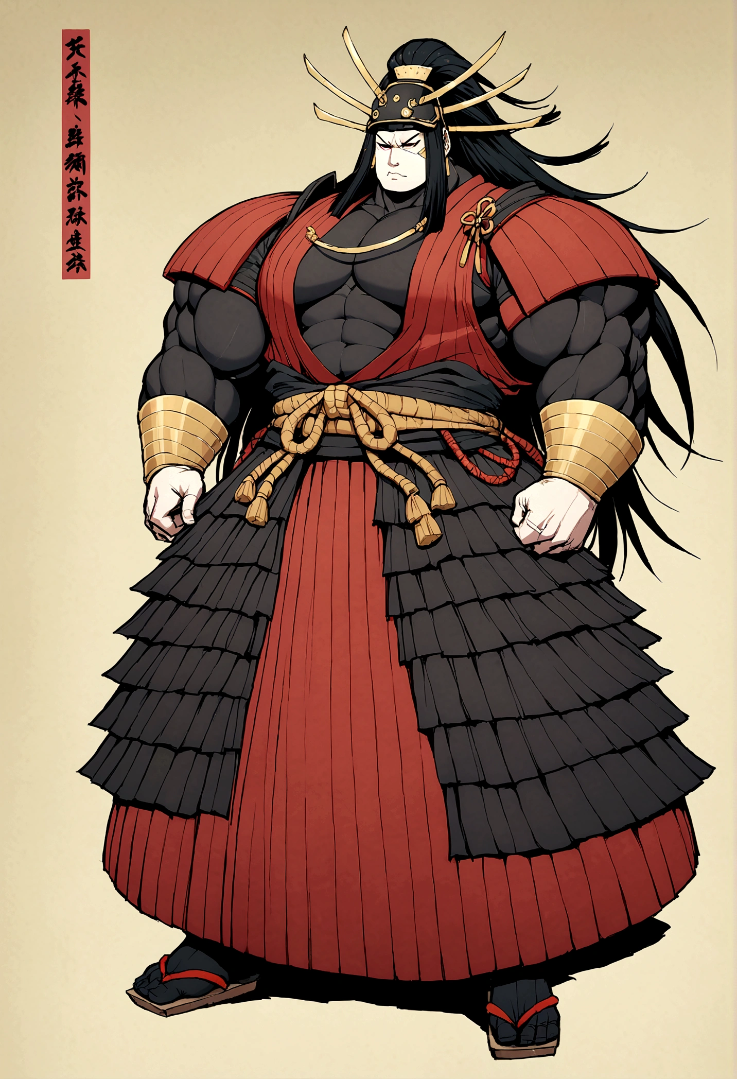 Samurai femboy, gigantic muscuar body, fair skin, ninja mask, cleopatra long hair, full body.