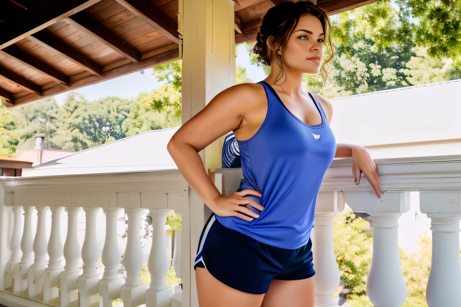 there is a woman standing on a porch with her hands on her hips, short robust woman, sport bra and dark blue shorts, standing athletic pose, side portrait, wearing : tanktop, wearing a tank top and shorts, hunched shoulders, half - body shot, half-body shot, wearing a camisole and shorts, wearing fitness gear, close full figure