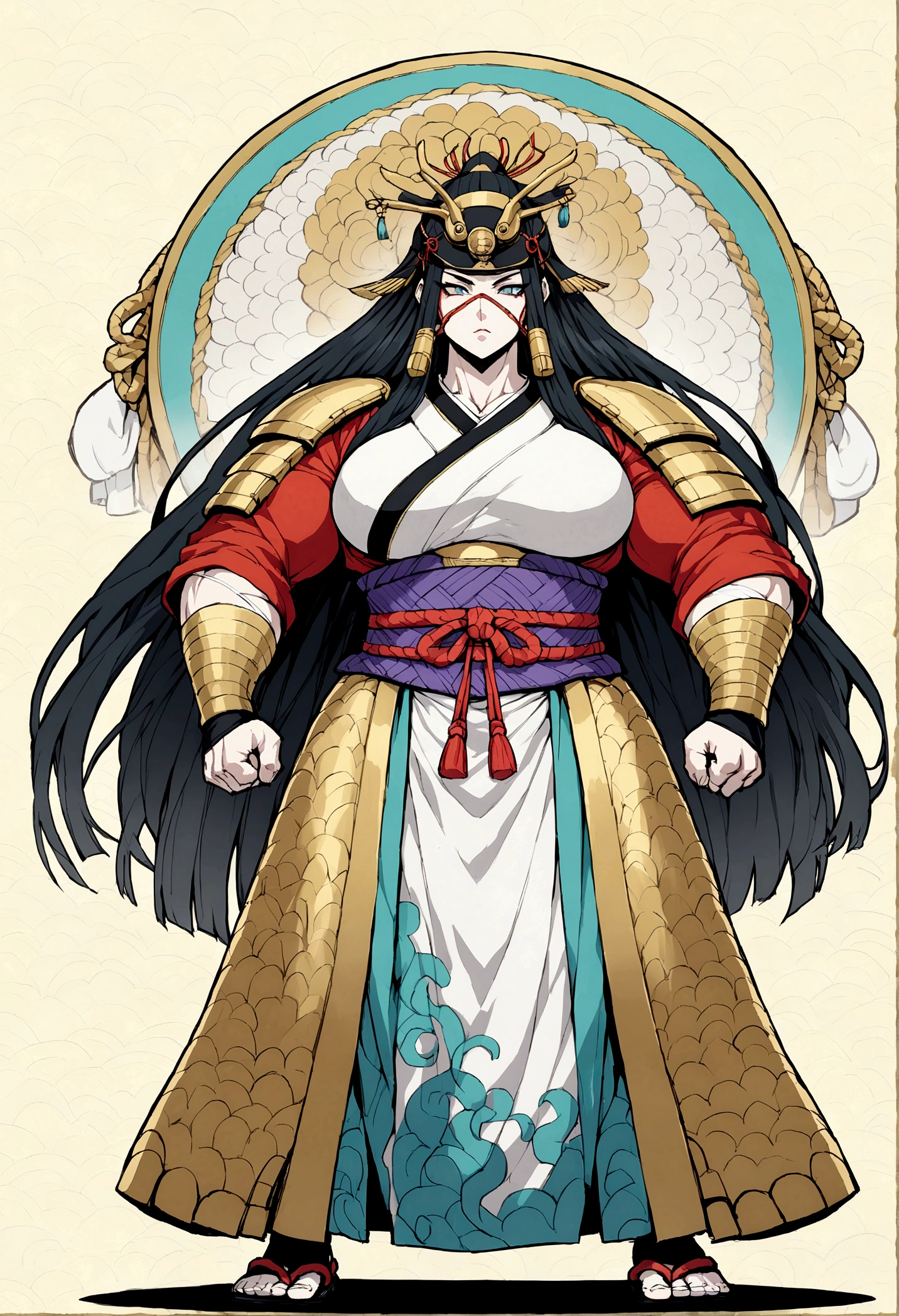Samurai femboy, gigantic muscuar body, fair skin, ninja mask, cleopatra long hair, full body.