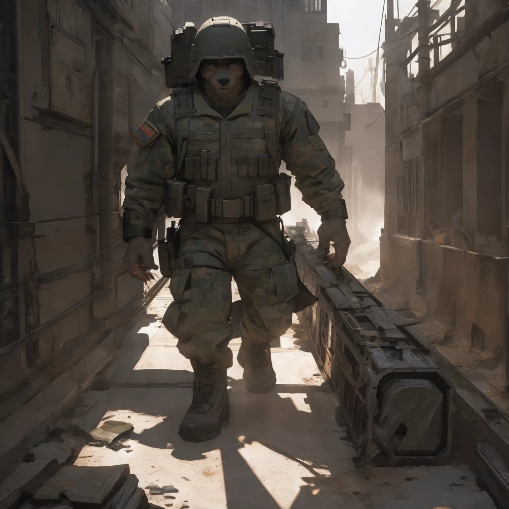 Male, males, Wolf, black fur, white fur, short hair, black hair, red heart stripes on his hair, 20 years old, tank, military helmet, armored military uniform, dramatic effect, dramatic light, shadow, shade, higlight, high quality, high details, High detailed image, high quality image, Very detailed shadows, high detail shadows, battlefield, machine guns, 