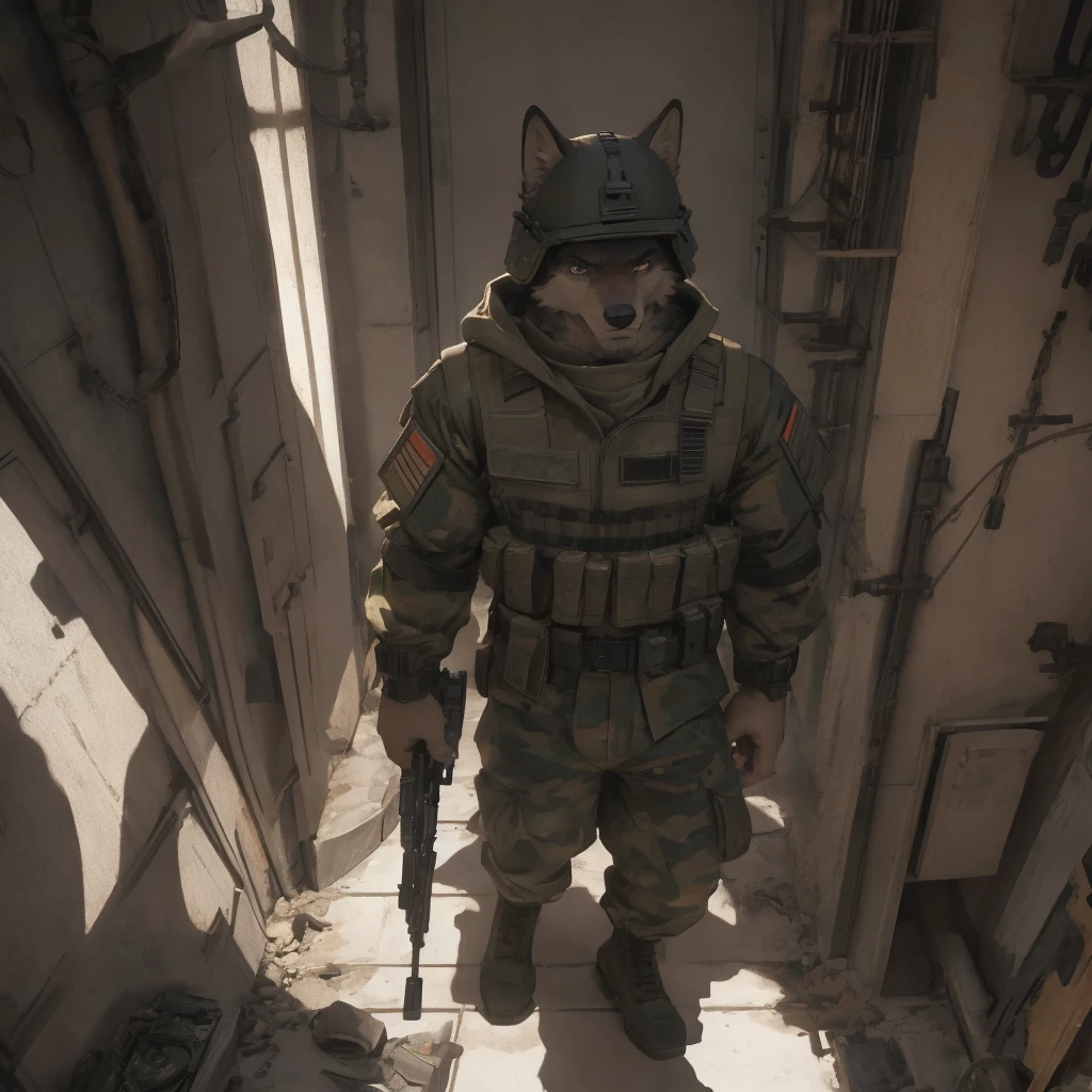 Male, males, Wolf, black fur, white fur, short hair, black hair, red heart stripes on his hair, 20 years old, tank, military helmet, armored military uniform, dramatic effect, dramatic light, shadow, shade, higlight, high quality, high details, High detailed image, high quality image, Very detailed shadows, high detail shadows, battlefield, machine guns,