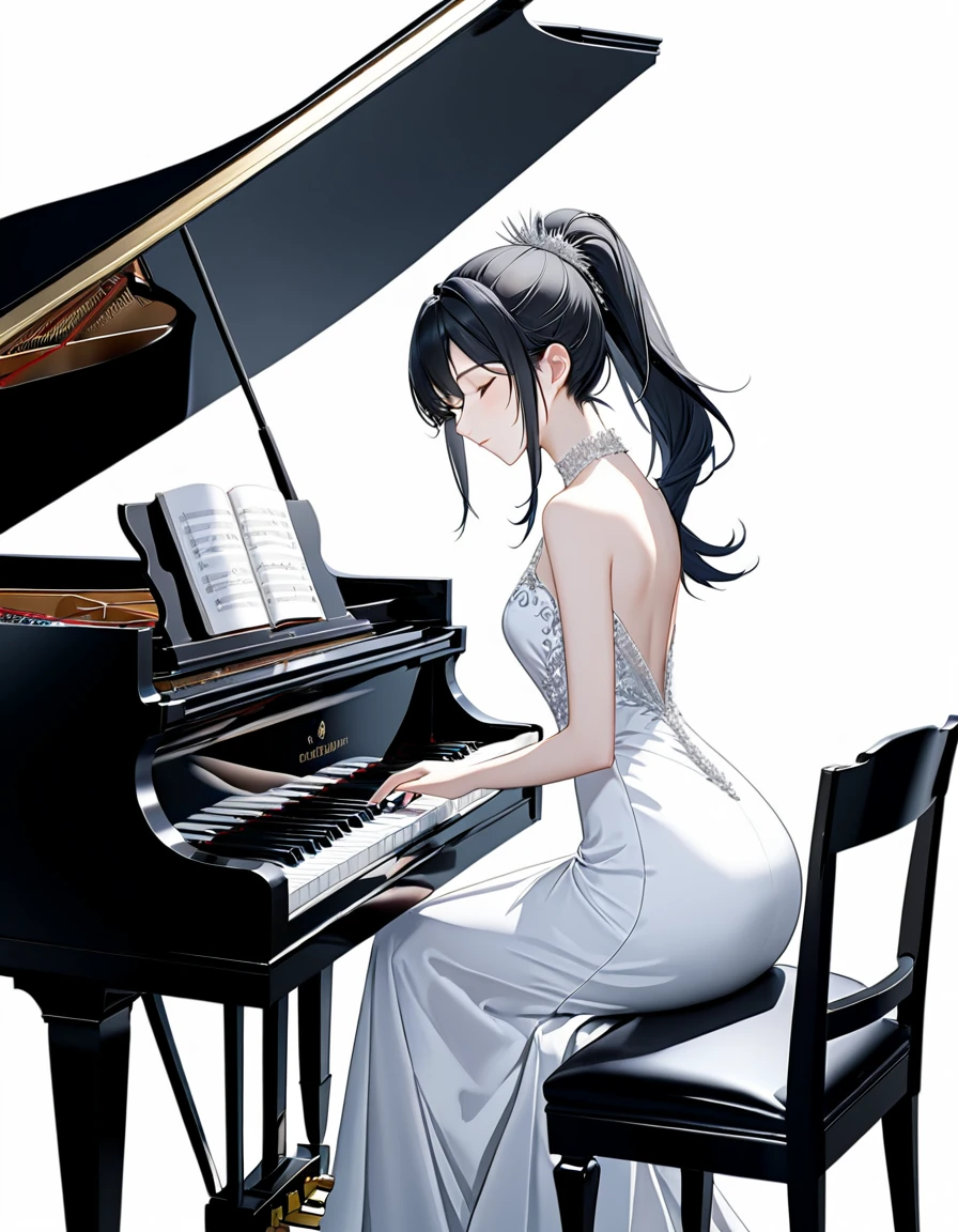 (((White background:1.5)))、(very wide shot)、(masterpiece、Ultra HD、Highest quality、Masterpiece、4K:1.2)、Slender body、Elegant pianist playing the piano、 Intricate details, Highly detailed fingers、Black hair ponytail、White elegant dress, Intricate details、Sitting in a chair、(((close eyes:1.5)))