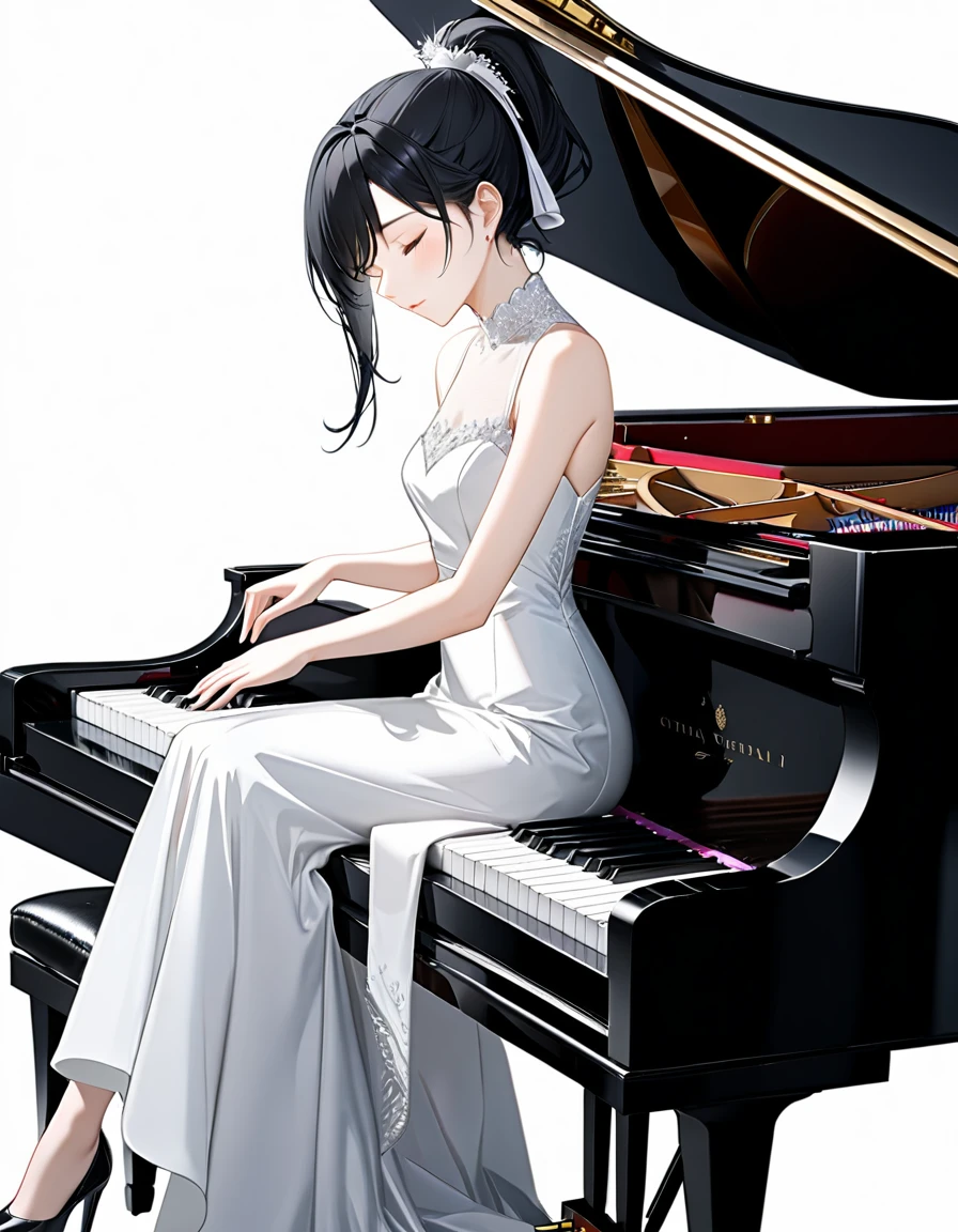 (((White background:1.5)))、(very wide shot)、(masterpiece、Ultra HD、Highest quality、Masterpiece、４K:1.2)、Slender body、Elegant pianist playing the piano、  Intricate details, Highly detailed fingers、Black hair ponytail、White elegant dress, Intricate details、Sitting in a chair、(((close eyes:1.5)))
