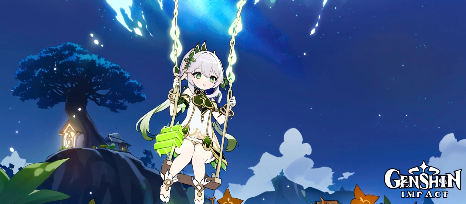 Dendro archon Nahida from genshin impact. Make her beautiful with a swing