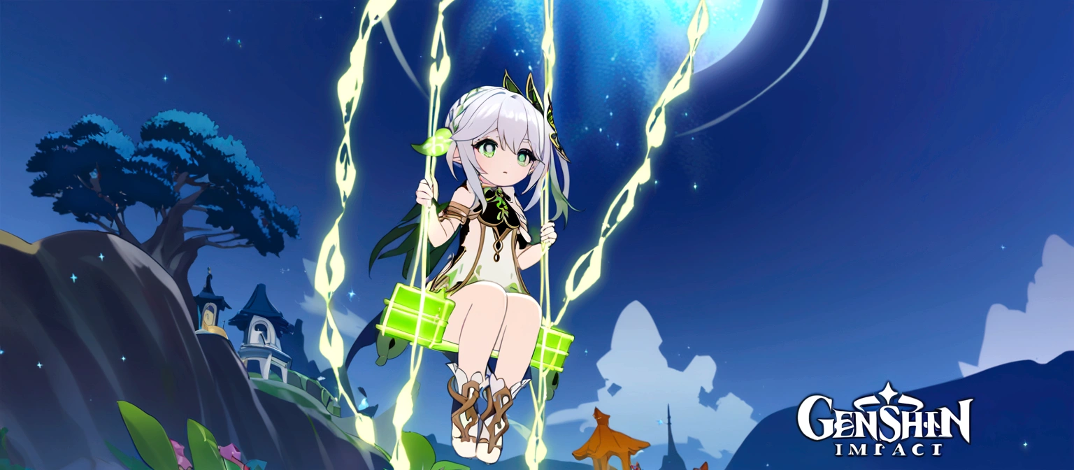 Dendro archon Nahida from genshin impact. Make her beautiful with a swing