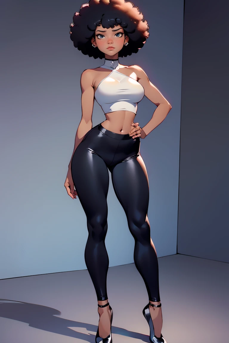 afro american girl, black skin, afro haircut, 1 girl, solo, (black pants) (tube top), sleveless, medium perky , black ballet shoes, wide hips