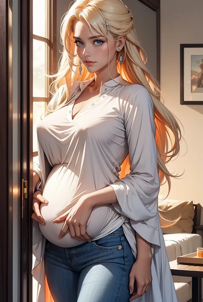 An incredibly beautiful pregnant young femme fatale-blonde, blue-eyed, in homemade orange pajamas, she has long golden hair gathered with a scarlet ribbon, she hugs a tall, statuesque, courageous adult man-platinum blonde, he has long platinum hair, tanned skin, blue eyes, long bangs. He is wearing jeans and a shirt. Romantic, love. Masterpiece, Beautiful, HD, 8k,