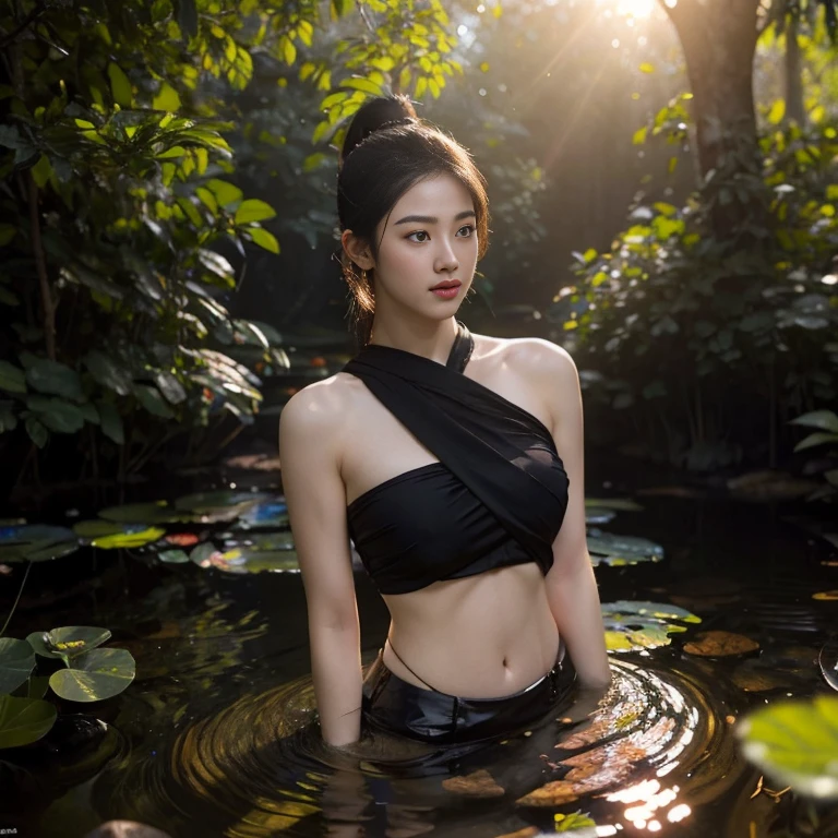 beautiful girl ,Thai female warrior, showering in a swiming pool at the forest, dynamic poses, Red and black strapless shirt, long ponytail,black eyes,abdominal muscles,plump body, rounded breast, (big breast:1.3), rift, morning sun,staring at the audience, rain, (dynamic poses), shower, shower poses, ((face details)),Double eyelids, finished, (Backlight), realistic, Masterpiece, Highest quality, lens flare, shade, in full bloom, [[Chromatic aberration]], By Jeremy Lipking, By Antonio J.. Manzanedo, digital painting, HDR, high contrast
