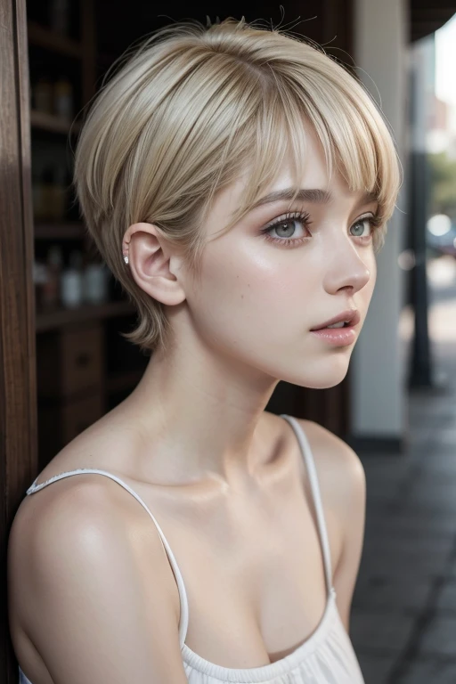 photo of a 25 years old european girl, RAW, beautiful woman, (pixie cut blonde hair), ((portrait)), ((detailed face:1.2)), ((detailed facial features)), (finely detailed skin), pale skin, athletic body, tavern, with open mouth, squinted eyes, open shirt, miniskirt, , (cold colors), damp, moist, reflections, (masterpiece) (perfect proportion)(realistic photo)(best quality) (detailed) photographed on a Canon EOS R5, 50mm lens, F/2.8, HDR, (8k) (wallpaper) (cinematic lighting) (dramatic lighting) (sharp focus) (intricate) fashion, from above