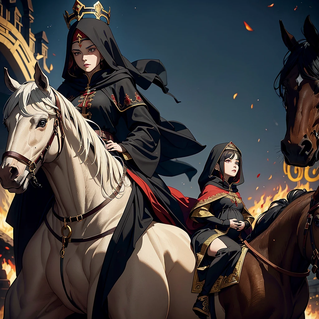 A pregnant woman riding a brown horse, wearing a black cloak with red embroidery, only her lips are visible from under the cloak, next to her is an elf man wearing a black cloak with gold embroidery, wearing a thin crown on his head, riding a black horse, the goblin army They follow him on wolves, and people watch
