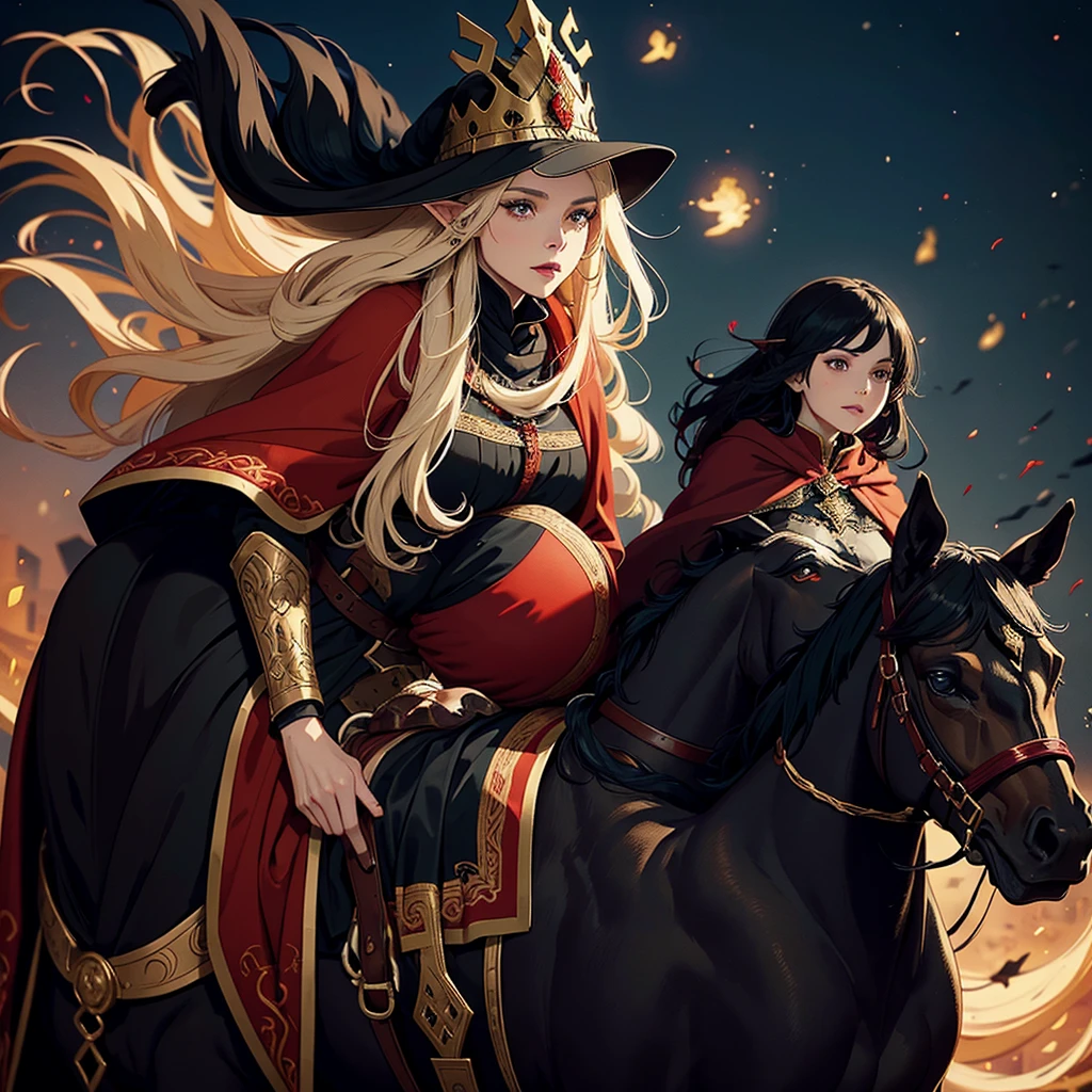 A pregnant woman riding a brown horse, wearing a black cloak with red embroidery, only her lips are visible from under the cloak, next to her is an elf man wearing a black cloak with gold embroidery, wearing a thin crown on his head, riding a black horse, the goblin army They follow him on wolves, and people watch