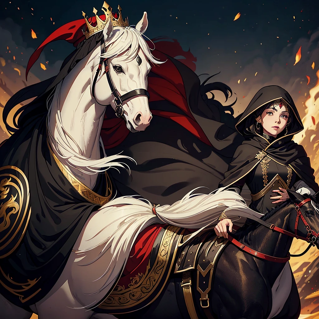 A pregnant woman riding a brown horse, wearing a black cloak with red embroidery, only her lips are visible from under the cloak, next to her is an elf man wearing a black cloak with gold embroidery, wearing a thin crown on his head, riding a black horse, the goblin army They follow him on wolves, and people watch