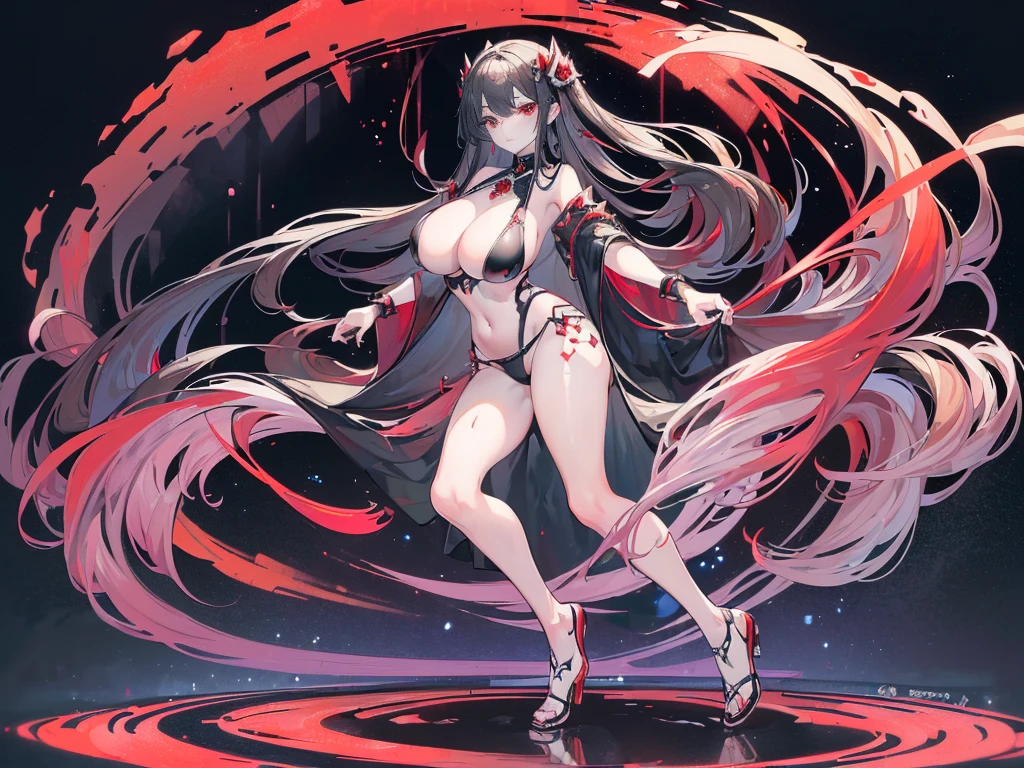 (Exquisite eyes),(Clear and beautiful eyes:1.61),masterpiece, ung girl,(Black clothes and some red gems), Black long hair, (She has a huge red gem on her chest), Good Hand,((The Havoc of StarCraft)),full-body shot,Fighting Stance,(Red Eyes:1.466),short and small,(Very big breasts:1.35),(Pretty Face),(full-body shot:1.33),Beautiful hands