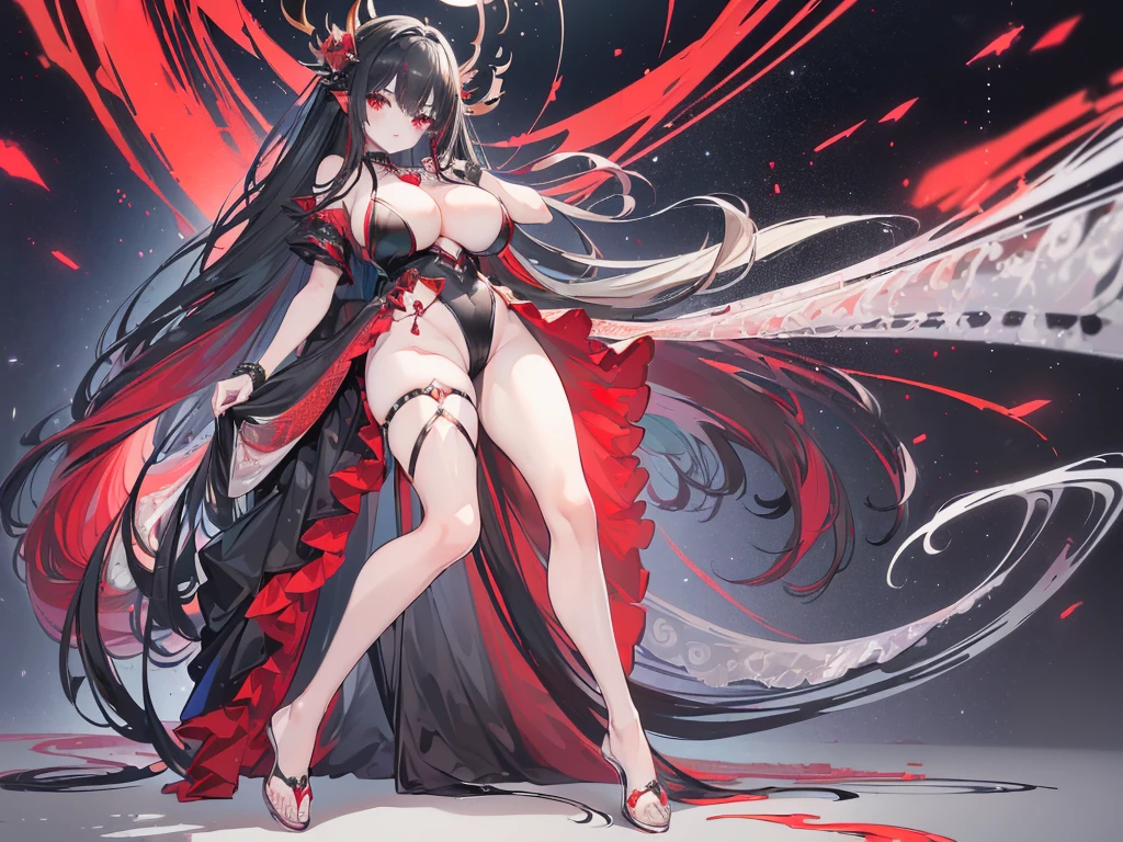(Exquisite eyes),(Clear and beautiful eyes:1.61),masterpiece, ung girl,(Black clothes and some red gems), Black long hair, (She has a huge red gem on her chest), Good Hand,((The Havoc of StarCraft)),full-body shot,Fighting Stance,(Red Eyes:1.466),short and small,(Very big breasts:1.35),(Pretty Face),(full-body shot:1.33),Beautiful hands