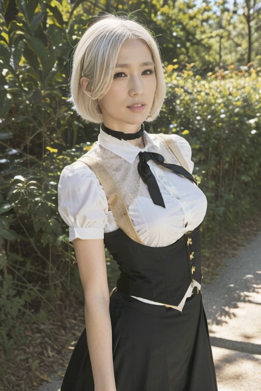 Girls, White hair, short hair, Yellow Eyed, Large Breasts, Cat hair ornaments, Side lock, White hair, Shiny hair, , (Golden Eyes: 1.2), (There are two long triangle extensions on the skirt, Abdominal vest), White buttons for vest corset, (Wear a short-sleeved striped shirt under the vest), (The sleeves end close to the arms), (There is a thick black ribbon around the neck), ( Magenta skirt),( Beautiful long legs),