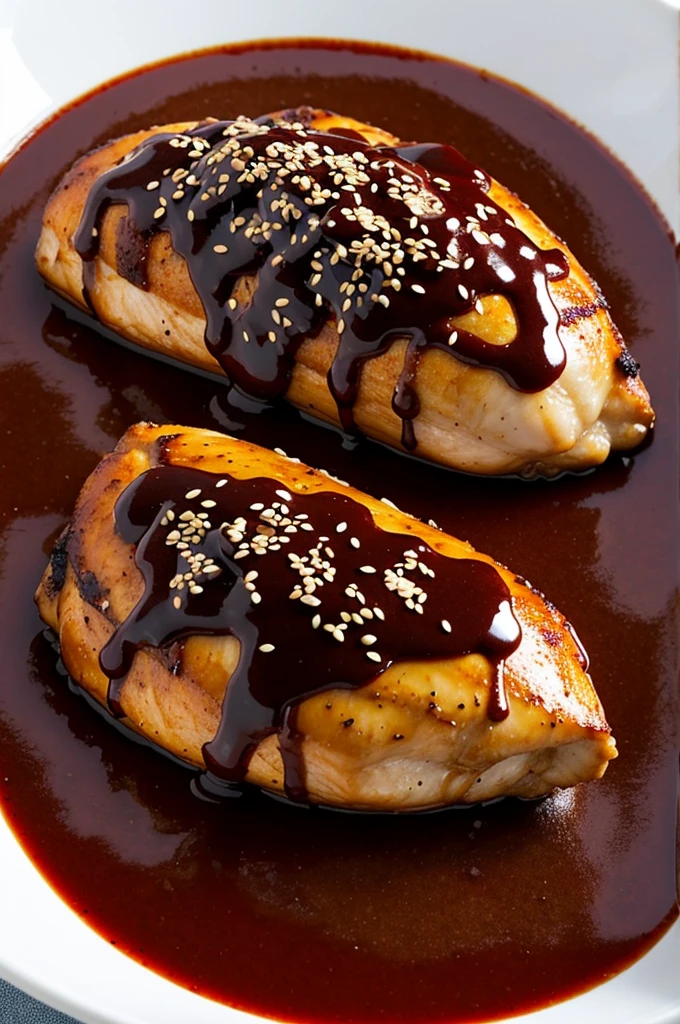 Chicken bathed in a rich chili and chocolate sauce, sprinkled with sesame.