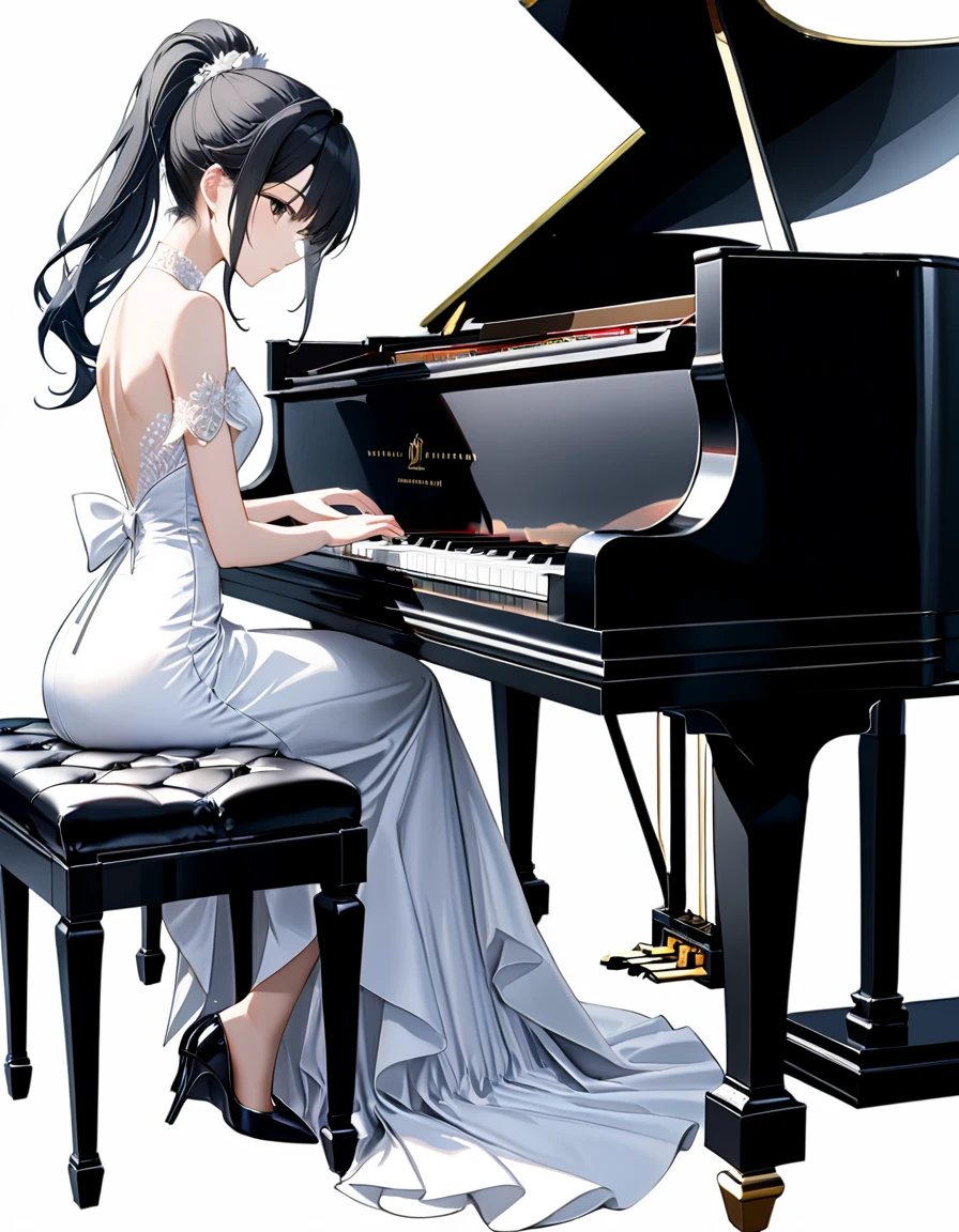 (((White background:1.5)))、(very wide shot)、(masterpiece、Ultra HD、Highest quality、Masterpiece、4K:1.2)、Slender body、Playing the piano,Idol,The elegant pianist、 Intricate details, Highly detailed fingers、Black hair ponytail、White elegant dress, Intricate details、Sitting in a chair、Staring at the piano