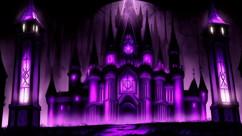 The castle, an imposing structure, boasts towers that ascend majestically towards the heavens, adorned with intricate spiers and menacing gargoyles. Each carved gargoyle exudes a sense of eternal vigilance, their expressions etched into stone. Large, elaborate stained glass windows fill the walls with hues of purple and black, filtered light from complex designs of runes and necromantic symbols, creating a play of mystical light and shadows.

The castle's main gates, massive and double, are embellished with dark metals and runic details that glow with a faint, eerie purple light. Guarding the entrance, the gate pillars are