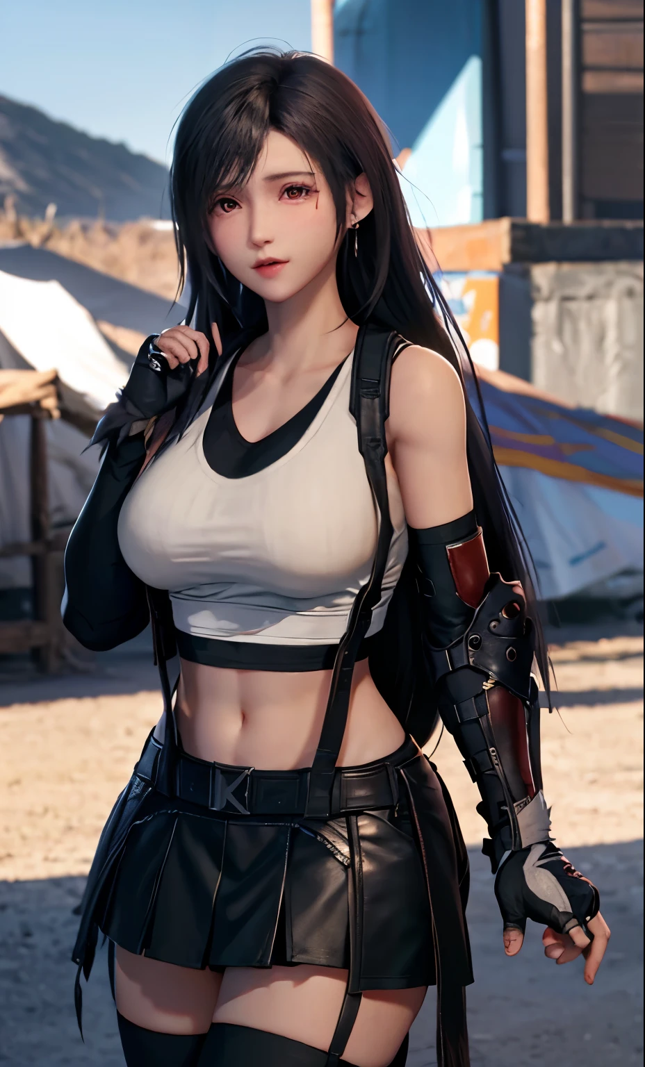 Final Fantasy VII, (blush your nose), single elbow pads, ankle boots, black hair, black skirt, black Thighhighs, red boots, elbow bag, elbow pads, fingerless gloves, white tanktop, play sports often, (suspender black skirt), Thighhighs, Upper body underwear, The upper body is super maximum with surreal thick muscles_chest, black hair, whole body, look at the audience, compensate, Bokeh, highest quality, masterpiece, High resolution, Hmm, 1080p