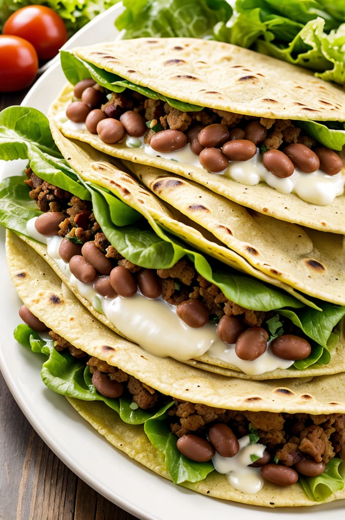 Thick tortillas covered with beans, meat, lettuce, cream and cheese.