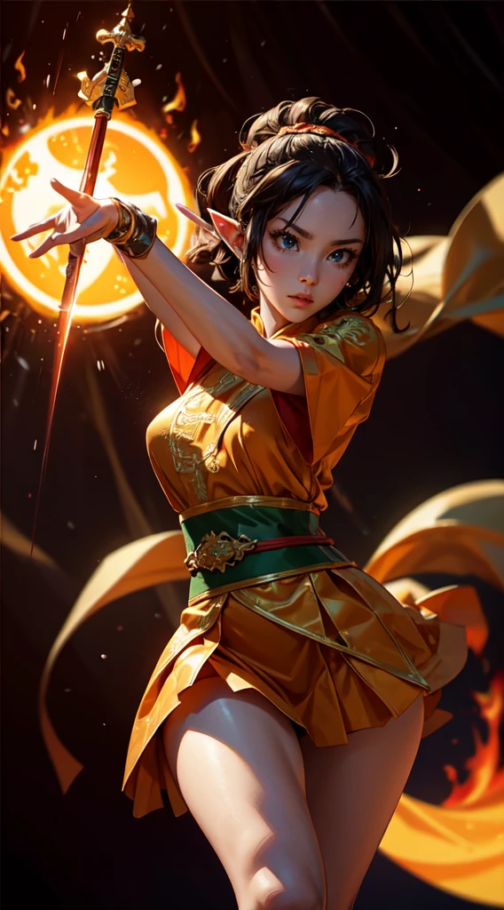 Fisheye lens with flames in the background, Chinese girl dancing sword, Dressed in a Tang costume, one person, Upward light, Ray tracing, rim light, glow effect, exaggerated movements, exaggerated perspectives, orange, green, Realistic and ultra-fine rendering style, Super details, mixer, octagon ending,detailed face, detailed eyes, detailed handssexy woman,elf girl