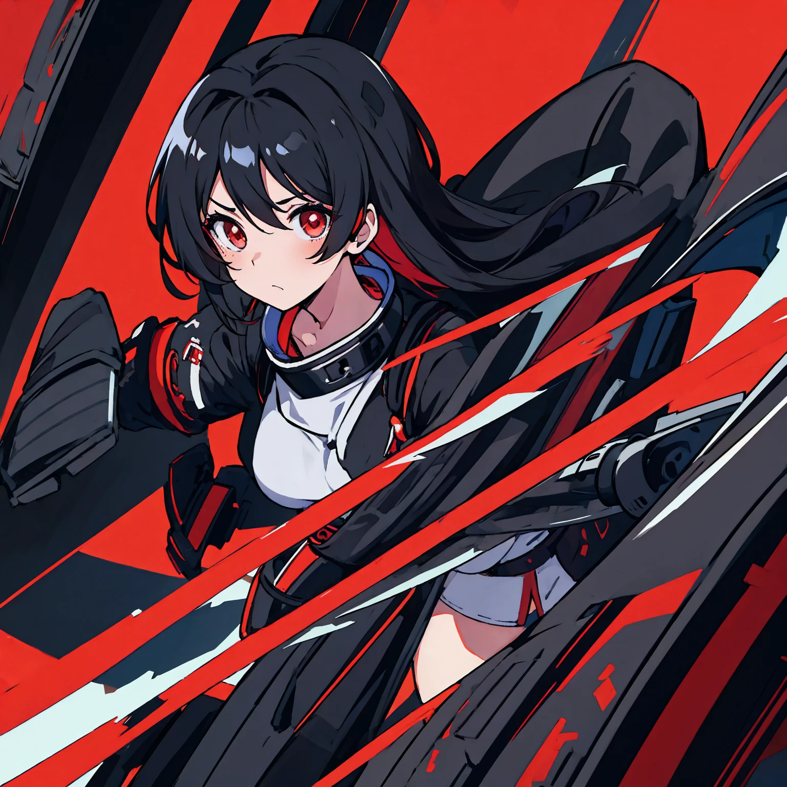 generic anime girl with black hair red eyes and black racing suit, clear background, character fitting in the image