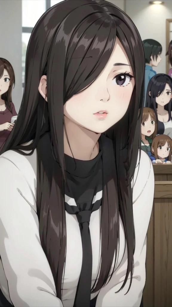 Mom with 4 daughters, mature women,realistic skin,perfect ,black hair, long hair, (hair over one eye:1.4), messy hair, hair between eyes, chubby,plump,fat, chubby cheek,Sexy lips, pucker lips