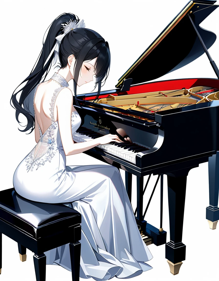 (((White background:1.5)))、(very wide shot)、(masterpiece、Ultra HD、Highest quality、Masterpiece、4K:1.lender body、Playing the piano、Idol、The elegant pianist、 Intricate details, Highly detailed fingers、Black hair ponytail、White elegant dress, Intricate details、Sitting in a chair、(((close eyes:1.5)))