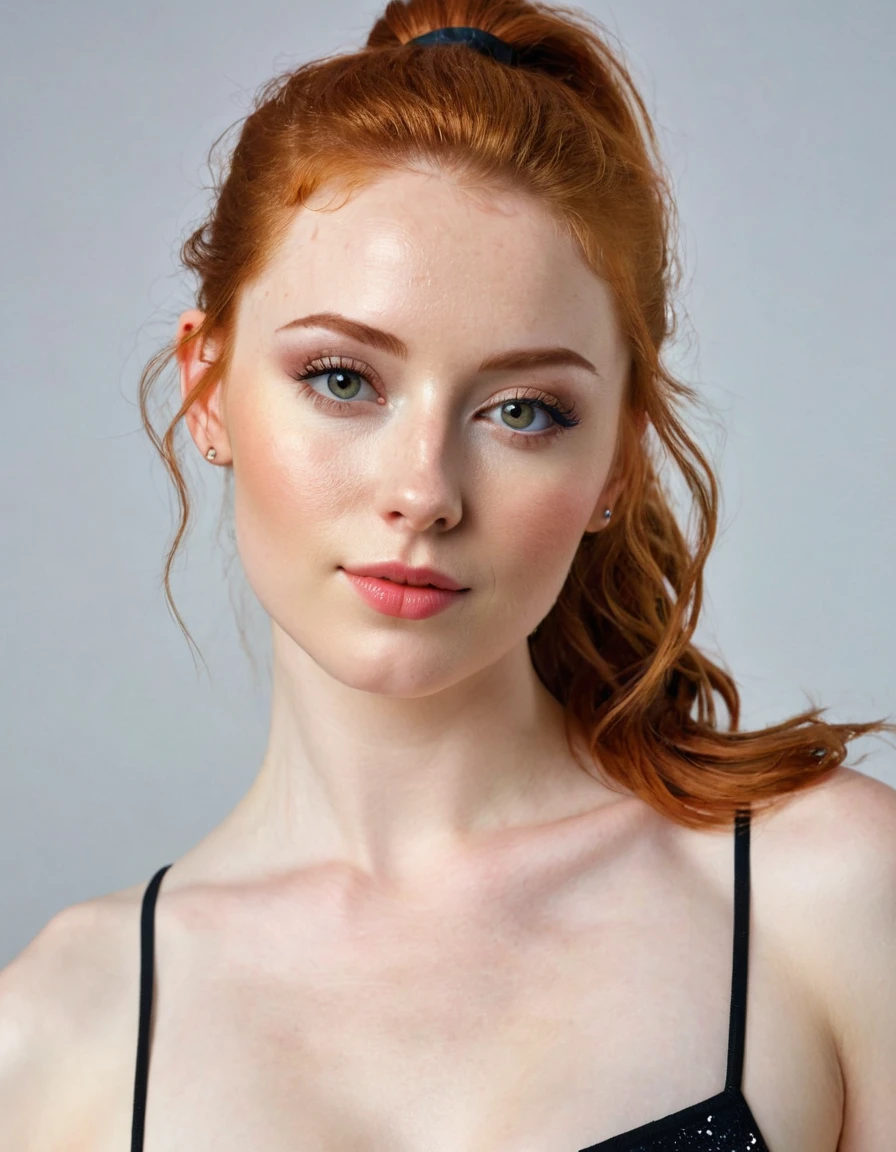 Photography full body portrait of a very beautiful realistic girl,in der Disco, porcelain skin, very light skin, very pale skin, redhead, wavy, pony tail, Detail of skin structure, hazel eyes, Slit eyes, small-nose, small nostril, think of arched eyebrows, thick lower lip, seductive glance, happy face, unique face, Wear a tight dress, detailed photo, foto realista, Masterpiece Image, sharp image