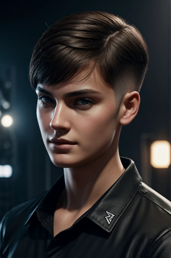 Portrait of young brunette, low fade haircut, call of duty black shirt, playing live with a ps5