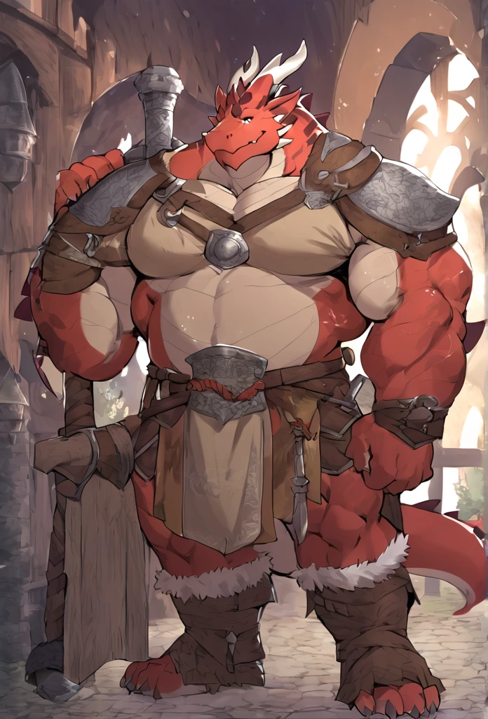 Red, Dragon, male, furry anime, thick, chubby, muscular, large pecktoral muscles, wearing Medieval adventure equipment, medieval times,anthro,doujin,yaoi,fantasy,isekai, adventure, barbarian