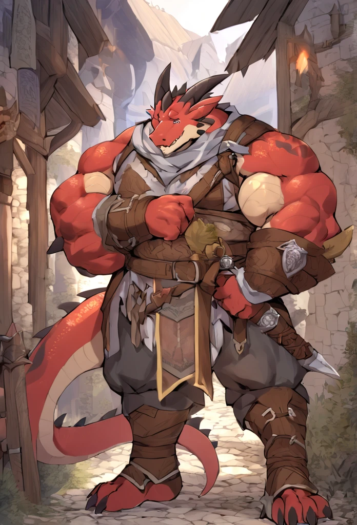 Red, Dragon, male, furry anime, thick, chubby, muscular, large pecktoral muscles, wearing Medieval adventure equipment, medieval times,anthro,doujin,yaoi,fantasy,isekai, adventure, barbarian