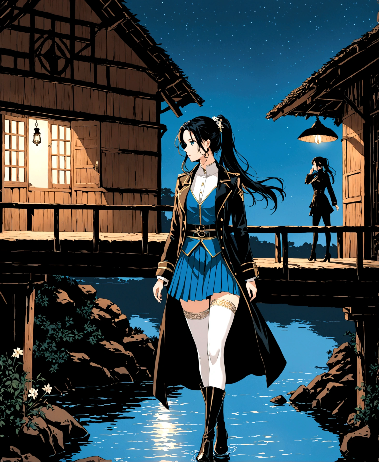 A beautiful woman, 18 years old, in an old colonial style house, in a village, night, walking, crossing a bridge over a cabal, silhouette reflecting in the water, in profile, focus on the right profile, indifferent, expressionless, hair waving in the wind, /(white skin, extremely long straight jet black hair combed in a ponytail, topaz blue eyes, ), /(plain pleated mini skirt with flower patterns, light thigh-high stockings held up by garters, leather boots, full body coat, hair brooch,), /(shapely legs, athletic hourglass body, medium hips, medium waist, large chest, perfect tapered hands, triangular face, long fingers, Greek nose,),
