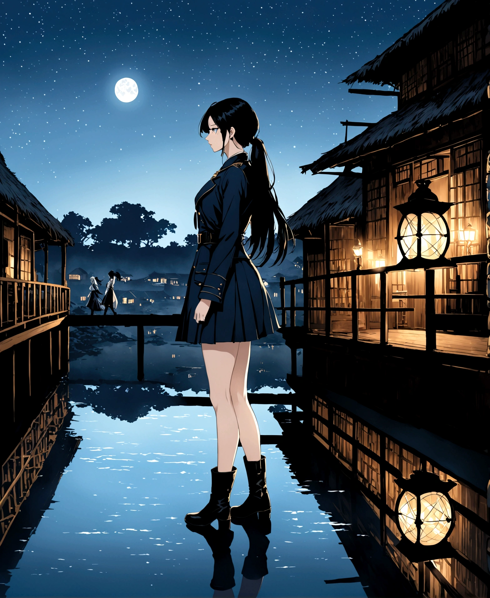 A beautiful woman, 18 years old, in an old colonial style house, in a village, night, walking, crossing a bridge over a cabal, silhouette reflecting in the water, in profile, focus on the right profile, indifferent, expressionless, hair waving in the wind, /(white skin, extremely long straight jet black hair combed in a ponytail, topaz blue eyes, ), /(plain pleated mini skirt with flower patterns, light thigh-high stockings held up by garters, leather boots, full body coat, hair brooch,), /(shapely legs, athletic hourglass body, medium ????, medium waist, large ?????, perfect tapered hands, triangular face, long fingers, Greek nose,),