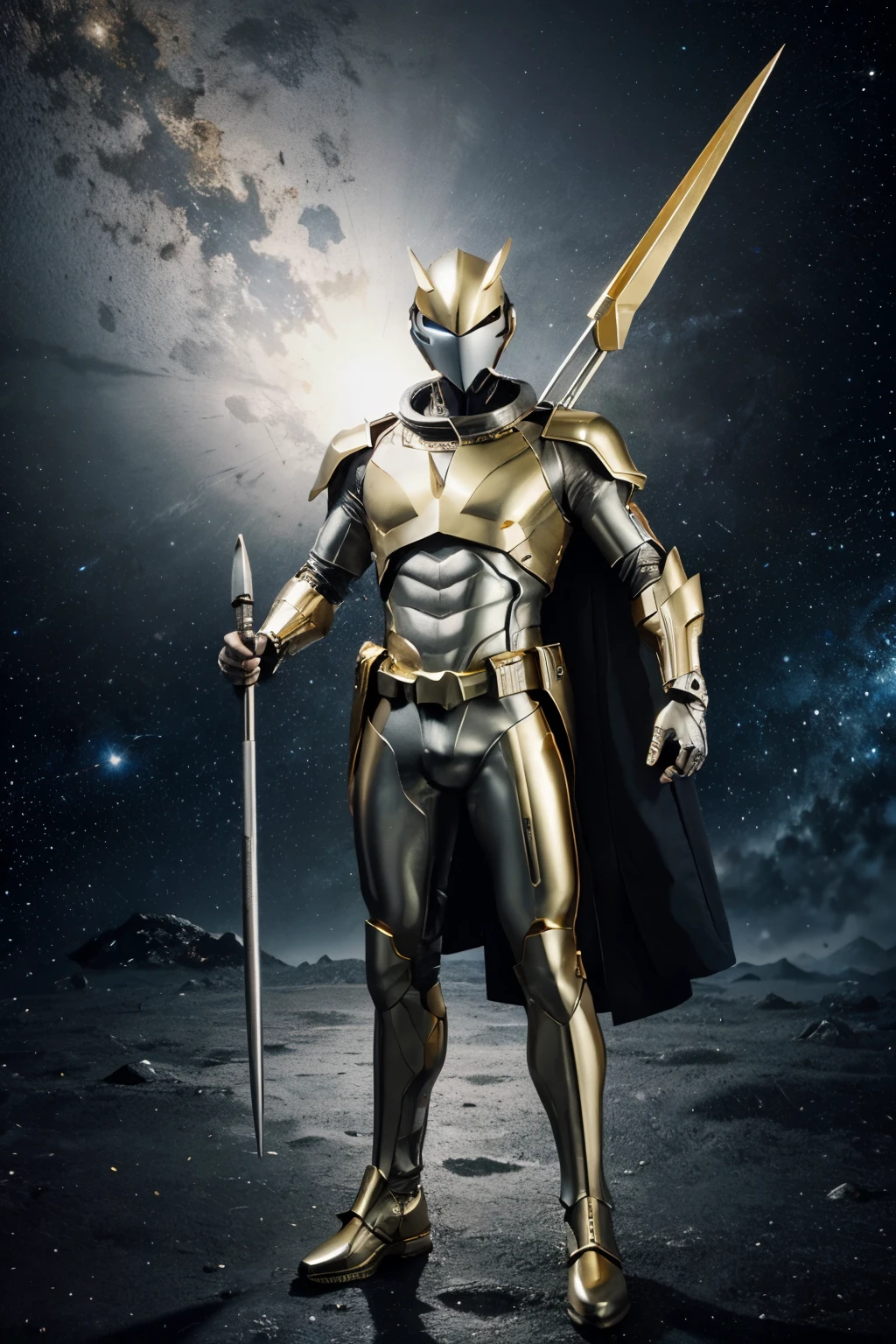 A hero in high-tech armor with a visor that covers his entire face, floating while holding a silver and gold colored halberd, space distorts around the hero