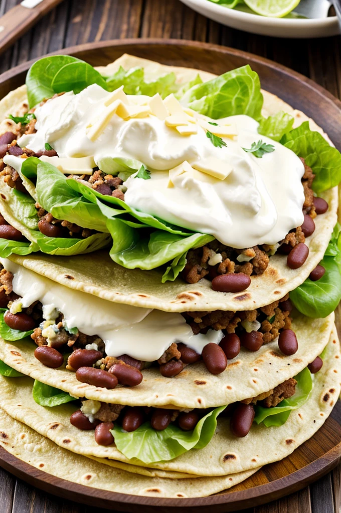Thick tortillas covered with beans, meat, lettuce, cream and cheese.
